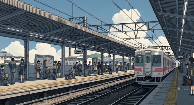 Retro Anime Vibes: Bustling Japanese Train Station Platform Filled with Commuters