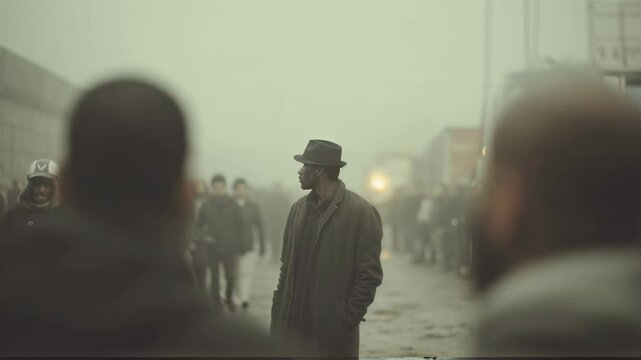 Mysterious man in hat and coat standing among crowd on foggy street. Vintage urban scene with moody atmosphere. Historical or noir film concept with copy space