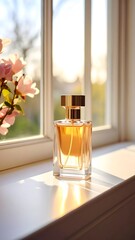 Perfume advertisement, bottle and minimalism: Documentary photograph of a perfume bottle on a windowsill, soft morning light.