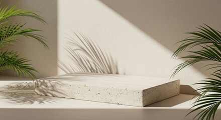 Photo of a minimalist modern display pedestal made of textured concrete, bathed in natural sunlight with dappled palm leaf shadows, creating a serene and organic aesthetic