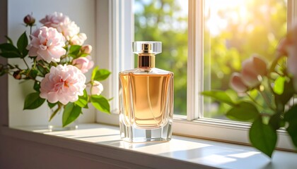 Perfume advertisement, bottle and minimalism: Documentary photograph of a perfume bottle on a windowsill, soft morning light.