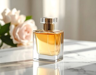 Perfume advertisement, bottle and minimalism: Documentary-style close-up of a luxury perfume bottle on a marble surface, minimalism in composition.