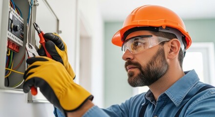 A man in an orange hard hat and safety glasses, wearing a blue shirt, is working on an electrical panel with tools.