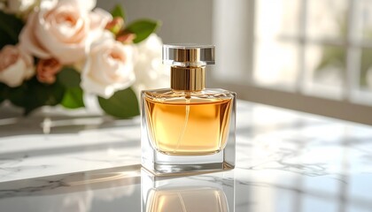 Perfume advertisement, bottle and minimalism: Documentary-style close-up of a luxury perfume bottle on a marble surface, minimalism in composition.