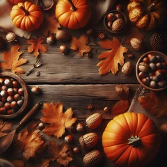 Autumn Harvest: Pumpkins, Leaves, Nuts, and Wooden Tabletop