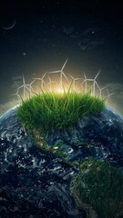 A world with grass and wind turbines against a night sky with stars and a crescent moon above it all