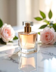 Perfume advertisement, bottle and minimalism: Documentary-style close-up of a luxury perfume bottle on a marble surface, minimalism in composition.