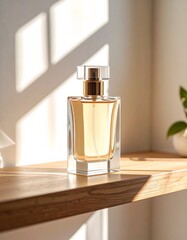 Perfume advertisement, bottle and minimalism: Documentary-style image of a perfume bottle standing on a wooden shelf, natural window light casting soft shadows.
