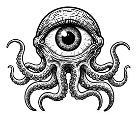 Eyeball Monster Creature with Tentacles Front View in Black and White Outline Line Art Drawing Horror Theme