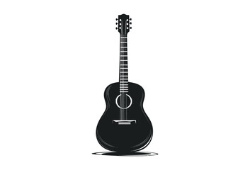 Naklejka premium A black acoustic guitar silhouette presents strings, frets, and tuning pegs on a white background