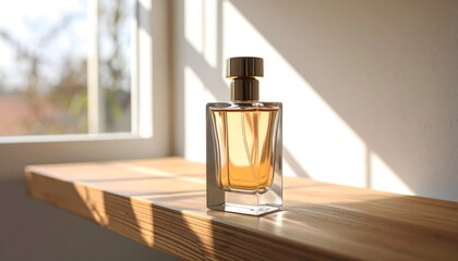 Perfume advertisement, bottle and minimalism: Documentary-style image of a perfume bottle standing on a wooden shelf, natural window light casting soft shadows.