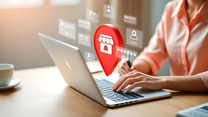 Person using a laptop with holographic icons showing customer reviews and a store location pin representing online business and customer feedback