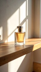 Perfume advertisement, bottle and minimalism: Documentary-style image of a perfume bottle standing on a wooden shelf, natural window light casting soft shadows.