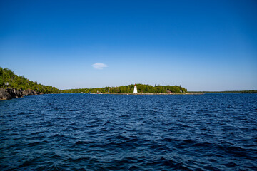 View of Big Tub Lighthouse and Lake Huron in Tobermory.