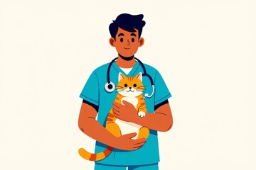 Veterinary care concept with veterinarian holding cat in clinic setting for animal health and pet care