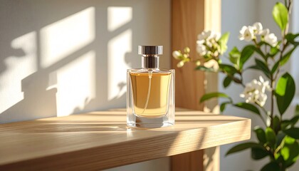 Perfume advertisement, bottle and minimalism: Documentary-style image of a perfume bottle standing on a wooden shelf, natural window light casting soft shadows.