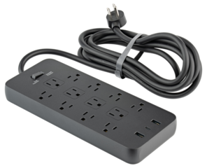 Power strip. Surge protector with 12 Outlets, USB and USB-C Ports type A class 5V 2.1A. Extension electric cord. Black cord, with flat plug. Wall Mount, desktop charging station for home, office, dorm
