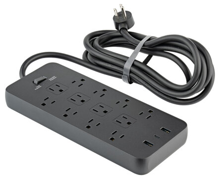 Power strip. Surge protector with 12 Outlets, USB and USB-C Ports type A class 5V 2.1A. Extension electric cord. Black cord, with flat plug. Wall Mount, desktop charging station for home, office, dorm