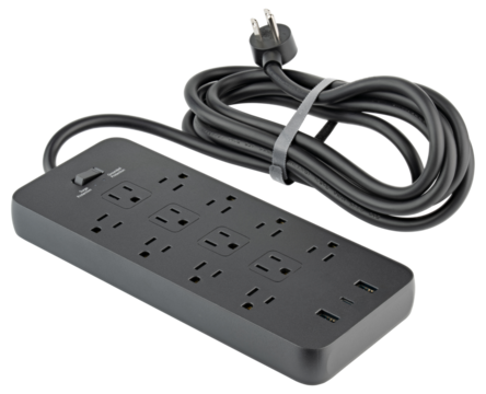 Power strip. Surge protector with 12 Outlets, USB and USB-C Ports type A class 5V 2.1A. Extension electric cord. Black cord, with flat plug. Wall Mount, desktop charging station for home, office, dorm
