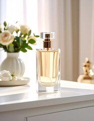 Perfume advertisement, bottle and minimalism: Documentary-style image of perfume bottle on minimalist vanity table, natural morning lighting, uncluttered scene --ar 16:9