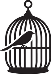 Fototapeta premium Black silhouette of a small bird perched inside a vintage birdcage isolated on white background