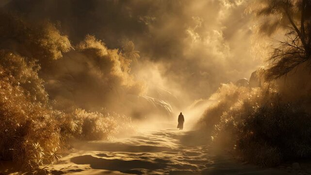 Moses encounters the burning bush in a transformative moment of divine revelation and guidance in the wilderness