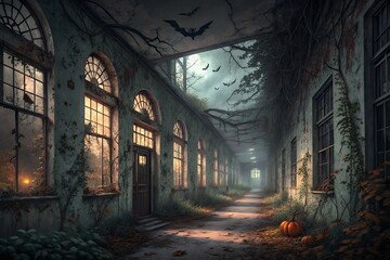 Fototapeta premium Eerie abandoned hallway with arched windows and bats flying overhead at dusk