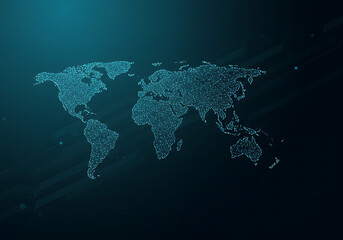 Digital World Map Connected Global Network on Dark Teal Background