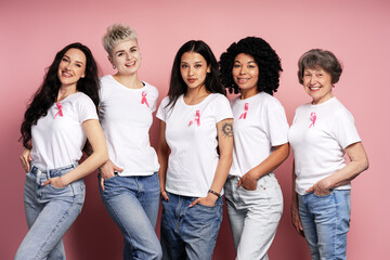 Women of different ages and ethnicities supporting breast cancer awareness