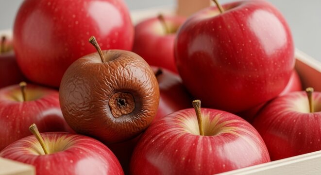 Close-up of a group of apples with one prominently bruised and rotten, symbolizing the concept of a &ldquo;bad apple&rdquo; among otherwise perfect fruit