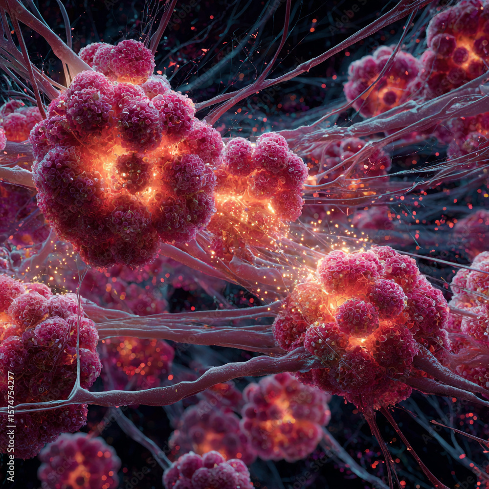 Poster a microscopic view of pink cellular structures with glowing centers and filaments around