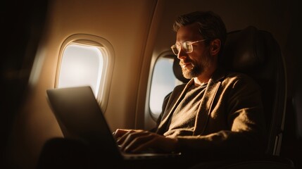 A man working on a laptop on a plane near window