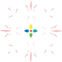 Obraz premium Abstract symmetrical floral design with colorful petals and red radiating lines isolated on transparent background