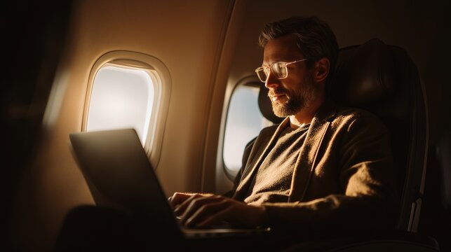 A man working on a laptop on a plane near window