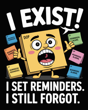 Sticky note yelling &ldquo;I EXIST!&rdquo; among forgotten reminders and alerts, captioned &ldquo;I Set Reminders. I Still Forgot.&rdquo; on black background, tragicomic take on memory struggles.