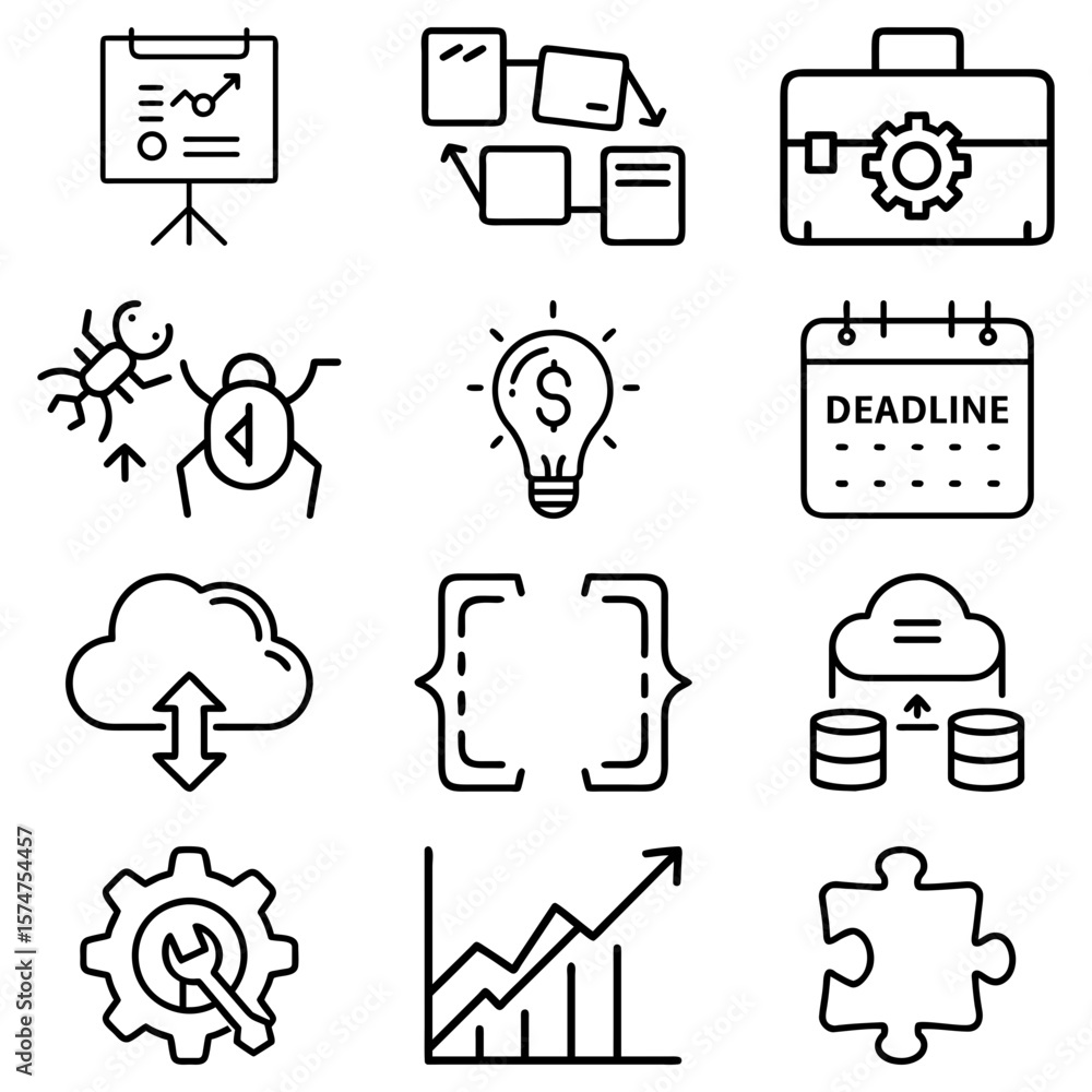 Poster line art icons depicting business analysis, software development, and project management tasks and t