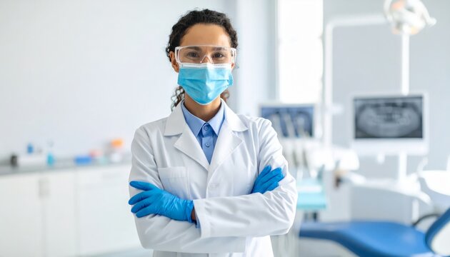 Friendly masked dentist with folded arms