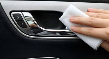 Cleaning Car Interior Chrome Door Handle With Cloth Maintaining Gleaming Surface