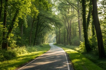 Fototapeta premium Sunlight streams through lush green forest canopy onto a winding asphalt road