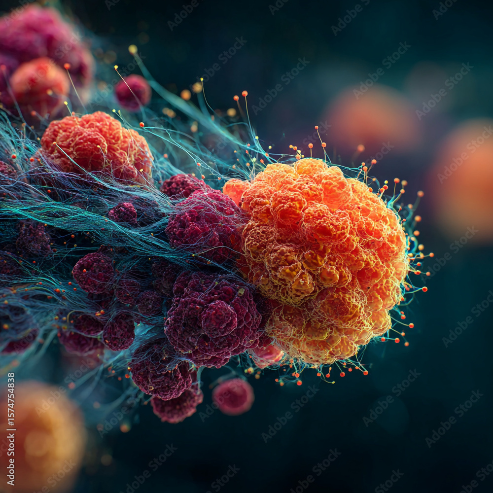 Poster a close up view of a cluster of cells with filaments and small spheres attached to them