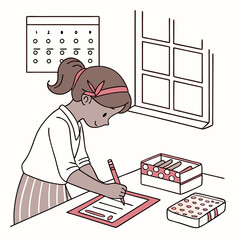 Girl writing at desk with calendar and window in background in a cozy room illustration style