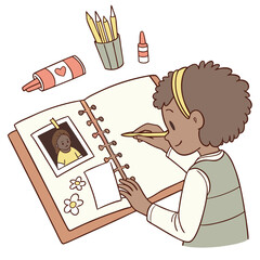 Illustration of a girl drawing in a scrapbook with pencils, glue, and a photo on a table top view