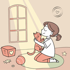 Illustration of a girl kneeling and hugging a cat in a room with toys and a window with sunlight shining in