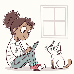 Girl with curly hair drawing on a tablet while sitting next to a white cat with a window in background