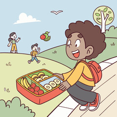 A cheerful boy with a lunchbox full of fruits and snacks walking near playing children outdoors scene