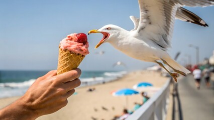 Cheeky Seagull Steals Ice Cream Funny Beach Moment