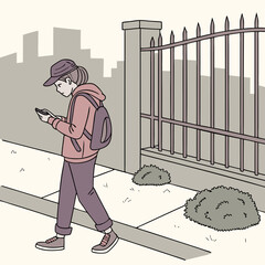 A person with a backpack and hat walks past a fence while looking at their phone on a sidewalk near bushes