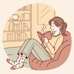 Illustration of a woman reading a book while sitting in a beanbag chair next to a bookshelf at home