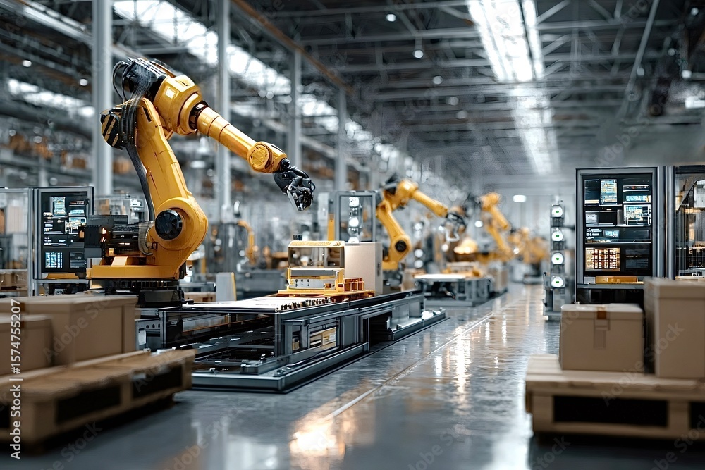 Poster robotic arms working on assembly line in modern factory