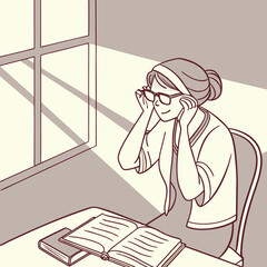 Illustration of a woman with glasses sitting at a desk near a window reading an open book in the light